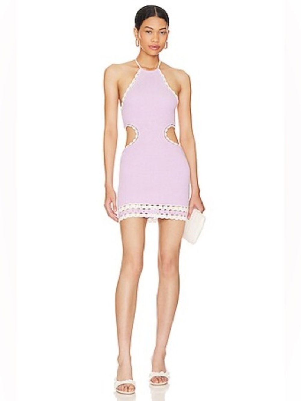MAJORELLE Mallika Crochet Cut Out Mini Dress in Lilac & White (121)